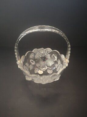 VTG Waltherglas Clear/Frosted Glass Floral Design Serving Bowl w/ Handle Germany